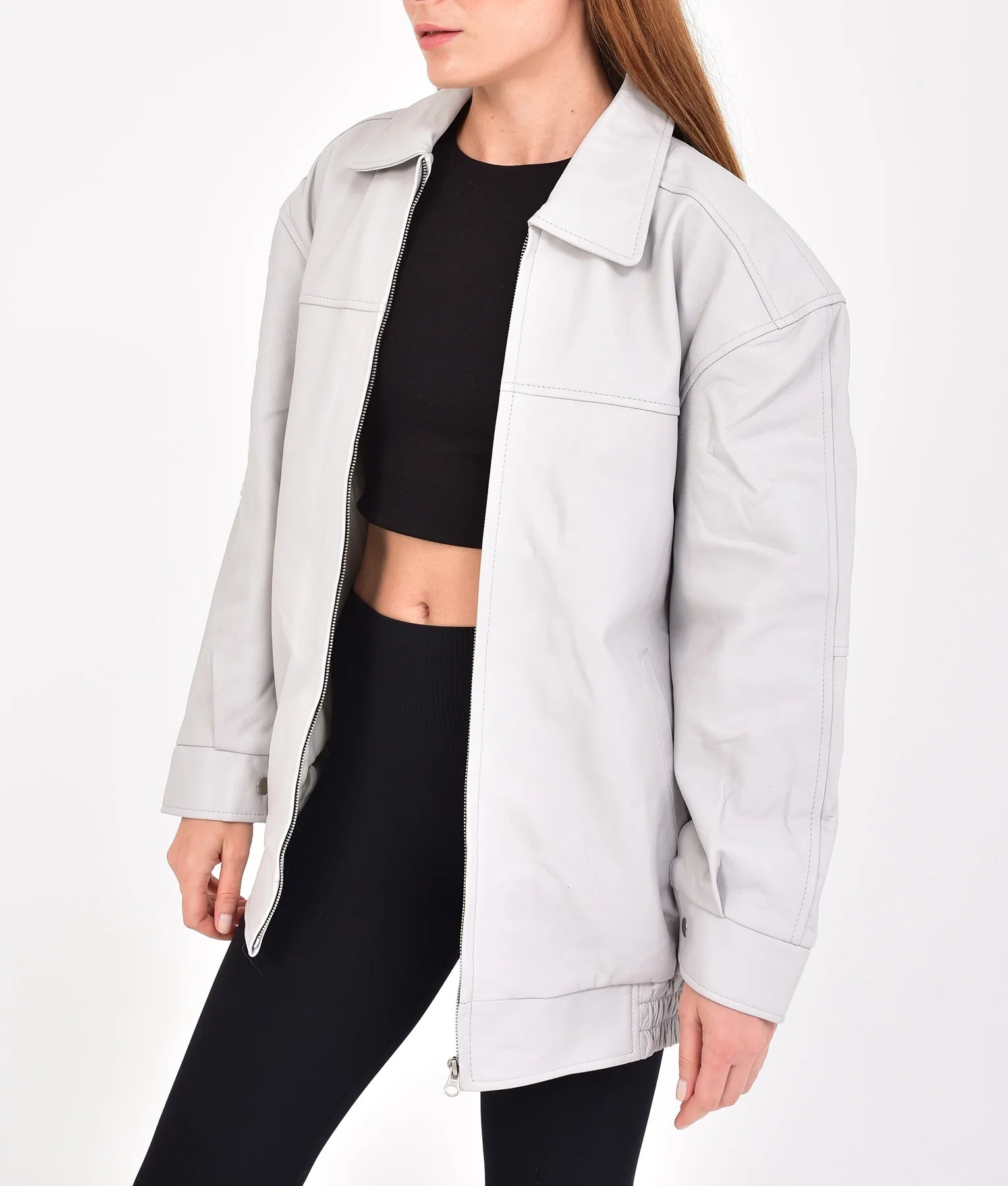 Jaclyn Womens Oversize Grey Leather Jacket | Womens Oversize Grey Leather Jacket-3
