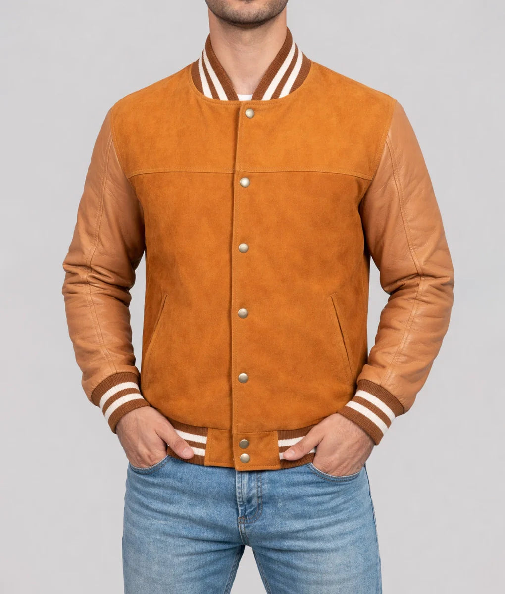 Juan Mens Camel Brown Suede Leather Varsity Jacket - Front