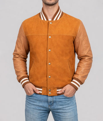 Juan Mens Camel Brown Suede Leather Varsity Jacket - Front
