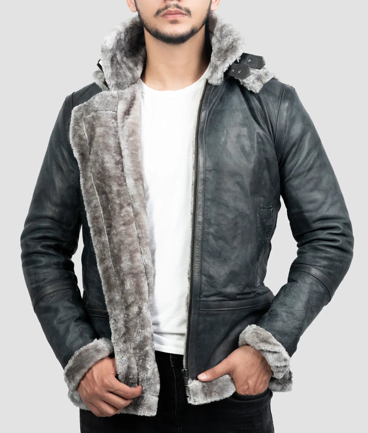 Mason Mens Grey B-3 Aviator Bomber Jacket | Mens Grey B-3 Aviator Bomber Jacket-1