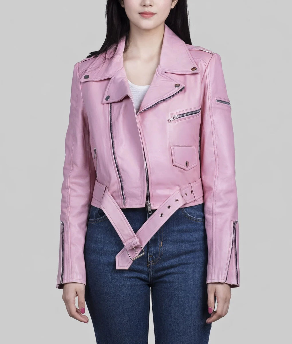 Michelle Womens Pink Double Rider Jacket | Womens Pink Double Rider Jacket-1