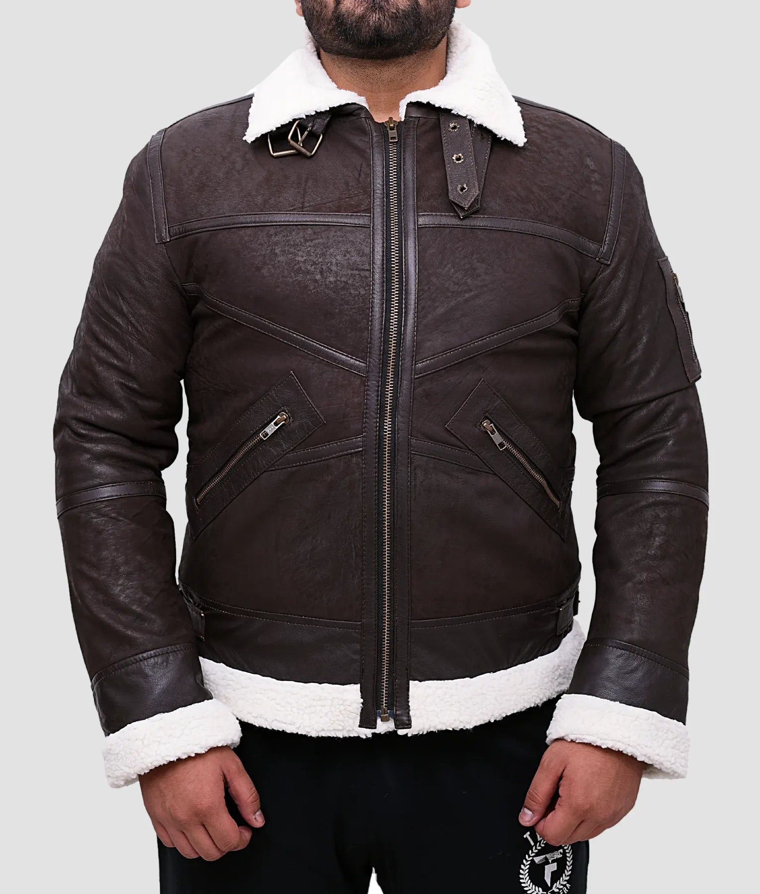 Ralph Mens Distressed Dark Brown B3 Shearling Bomber Jacket | Mens Distressed Dark Brown B3 Shearling Bomber Jacket-2