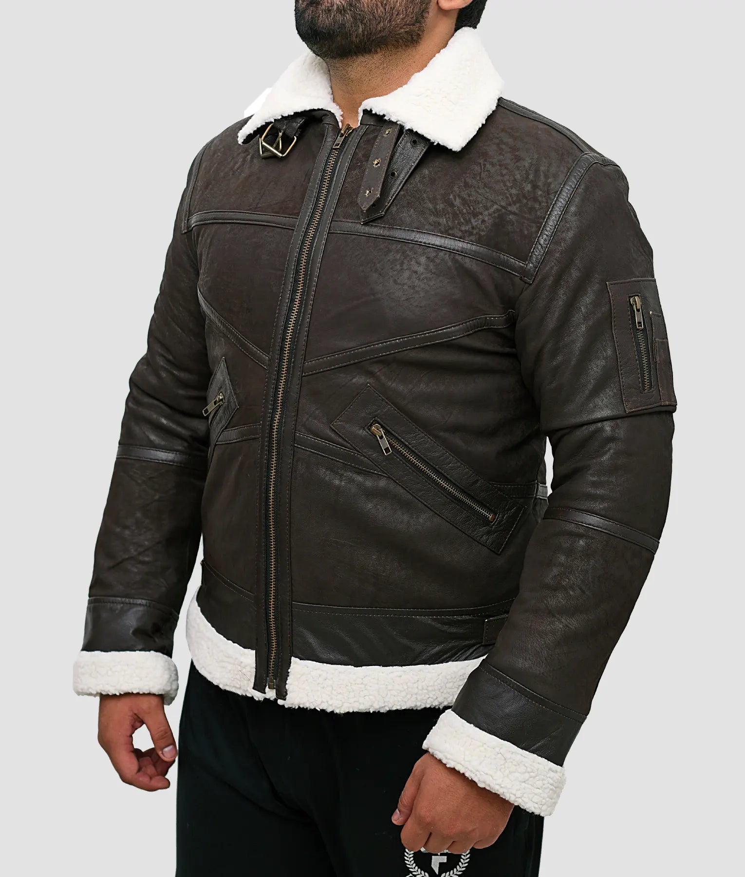 Ralph Mens Distressed Dark Brown B3 Shearling Bomber Jacket | Mens Distressed Dark Brown B3 Shearling Bomber Jacket-4