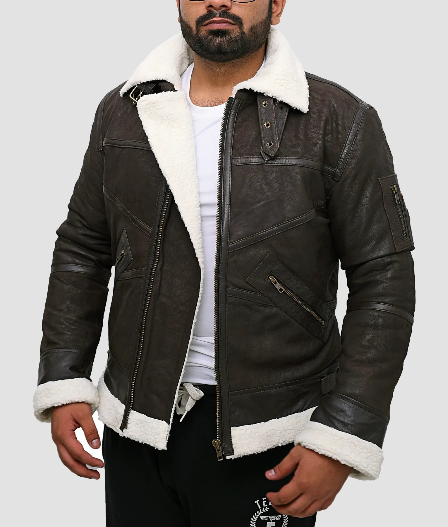 Ralph Mens Distressed Dark Brown B3 Shearling Bomber Jacket | Mens Distressed Dark Brown B3 Shearling Bomber Jacket-1