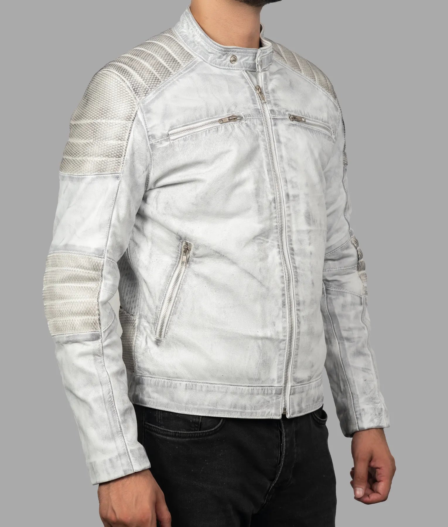 Rick Mens Grey Leather Biker Jacket | Mens Grey Leather Biker Jacket-3