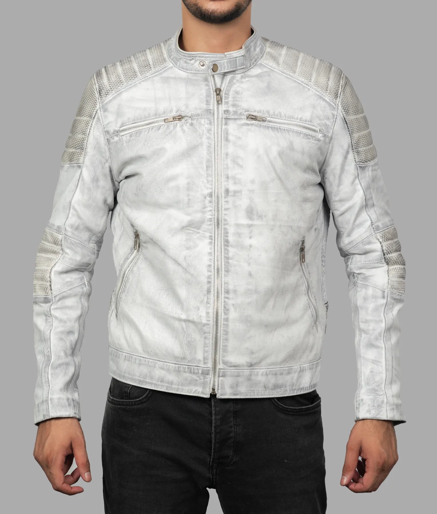 Rick Mens Grey Leather Biker Jacket | Mens Grey Leather Biker Jacket-2