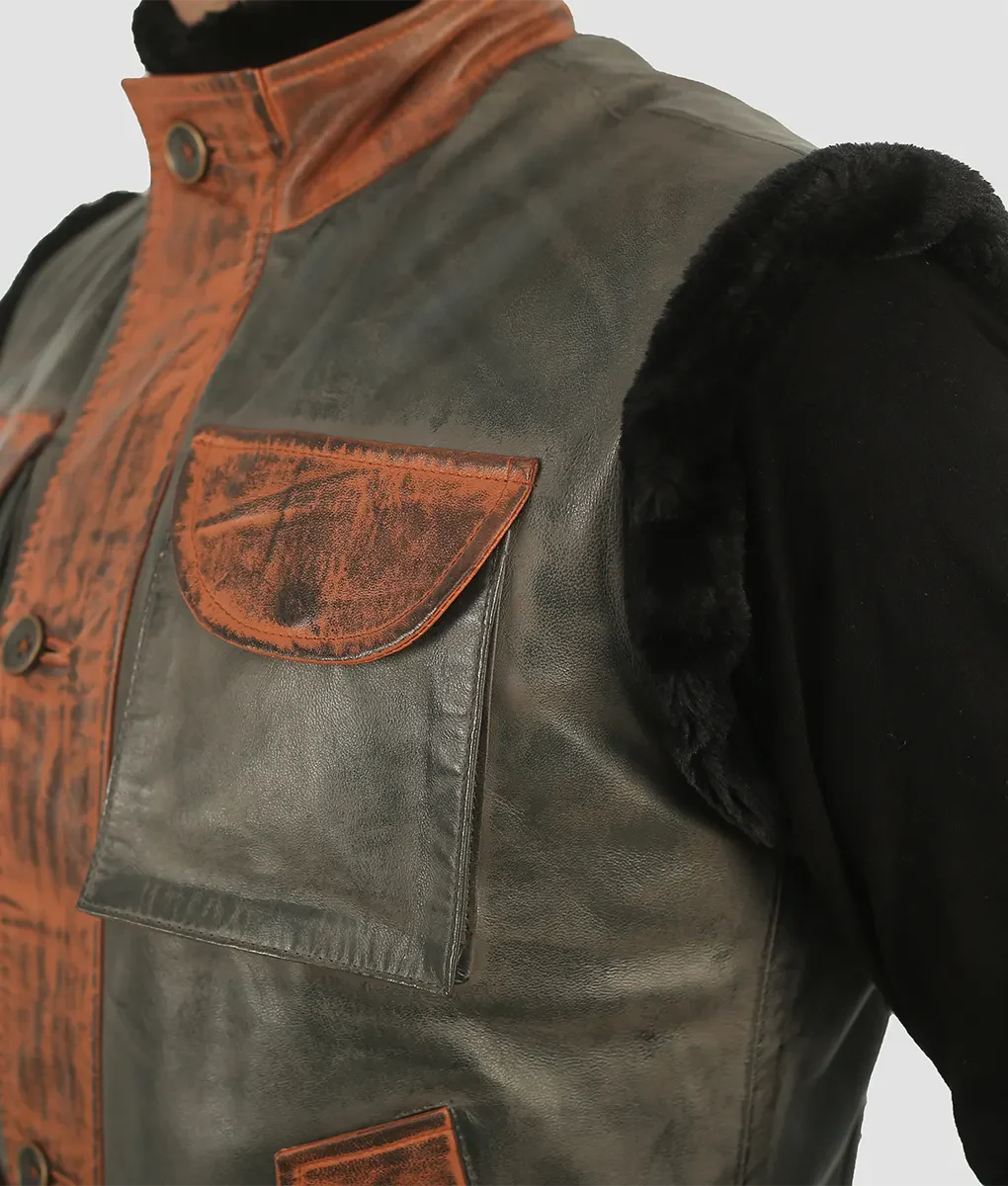 Trevor Mens Grey & Brown Leather Vest My Store