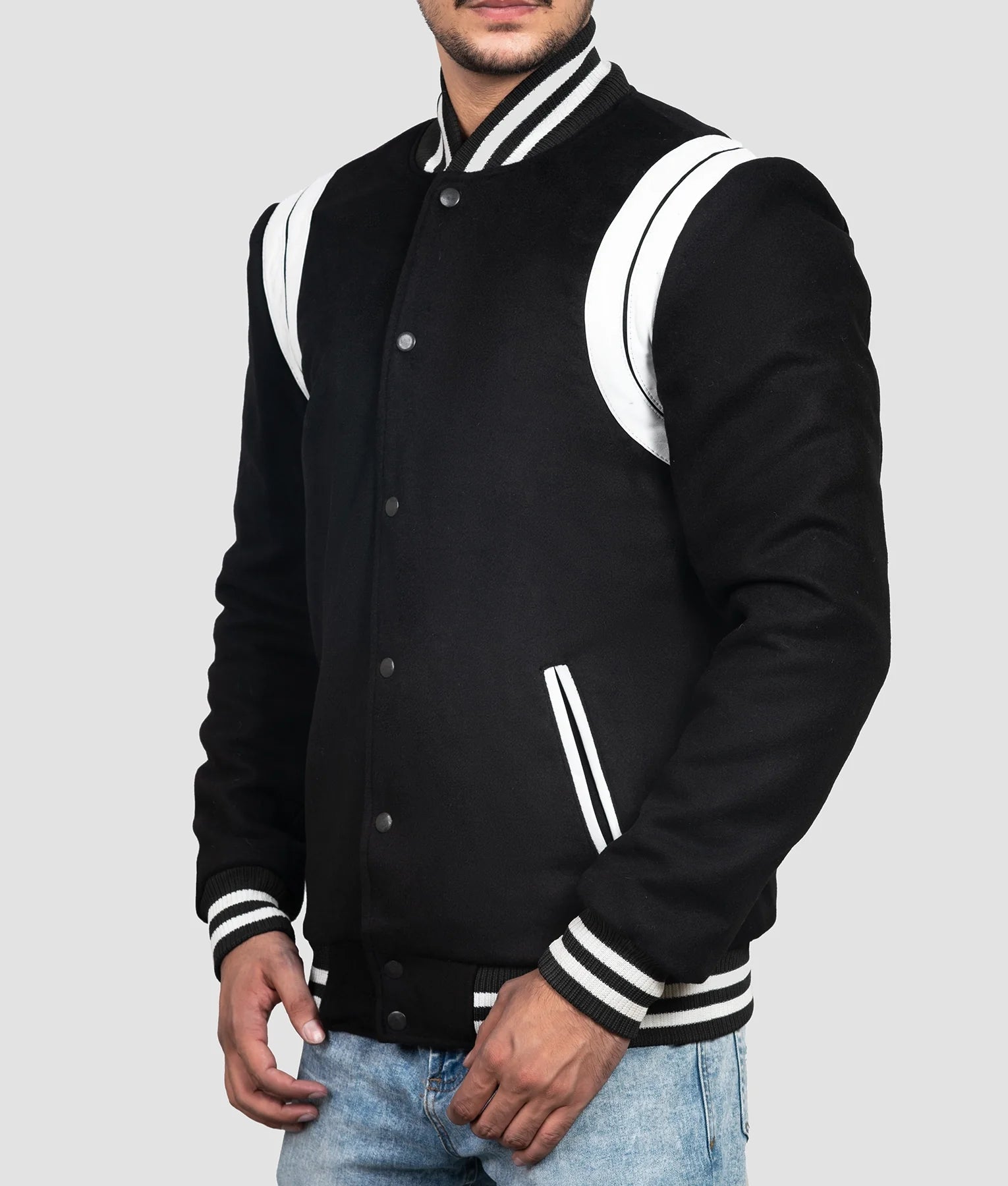Vince Mens Black & White Varsity Jacket | Mens Black & White Varsity Jacket-4