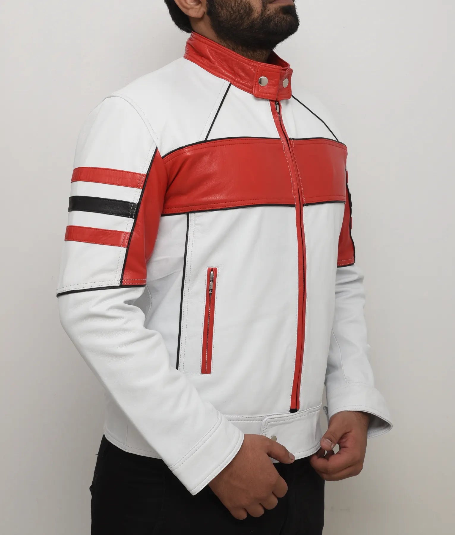 Vince Mens Red & White Cafe Racer Jacket | Mens Red & White Cafe Racer Jacket-3