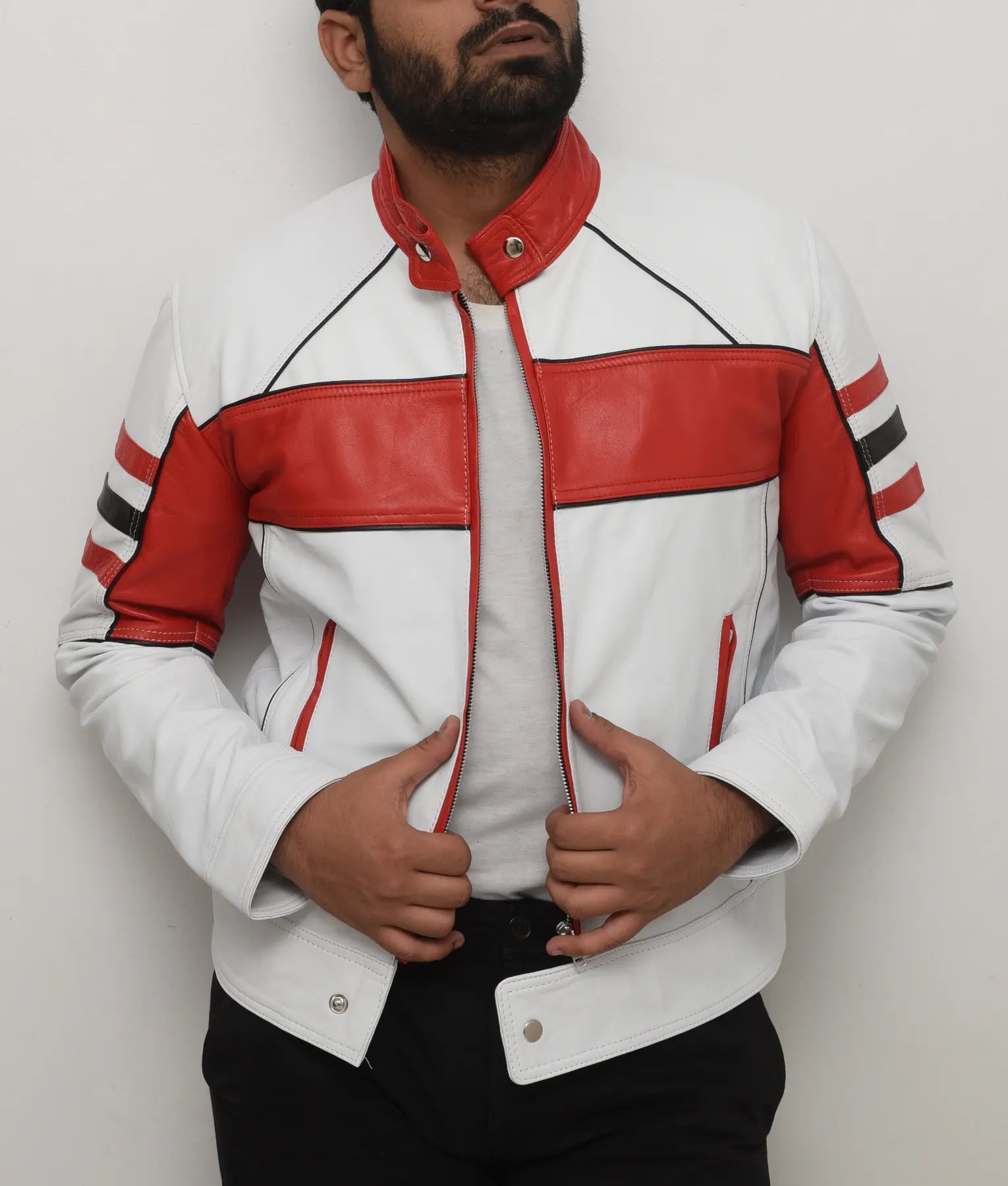 Vince Mens Red & White Cafe Racer Jacket | Mens Red & White Cafe Racer Jacket-2